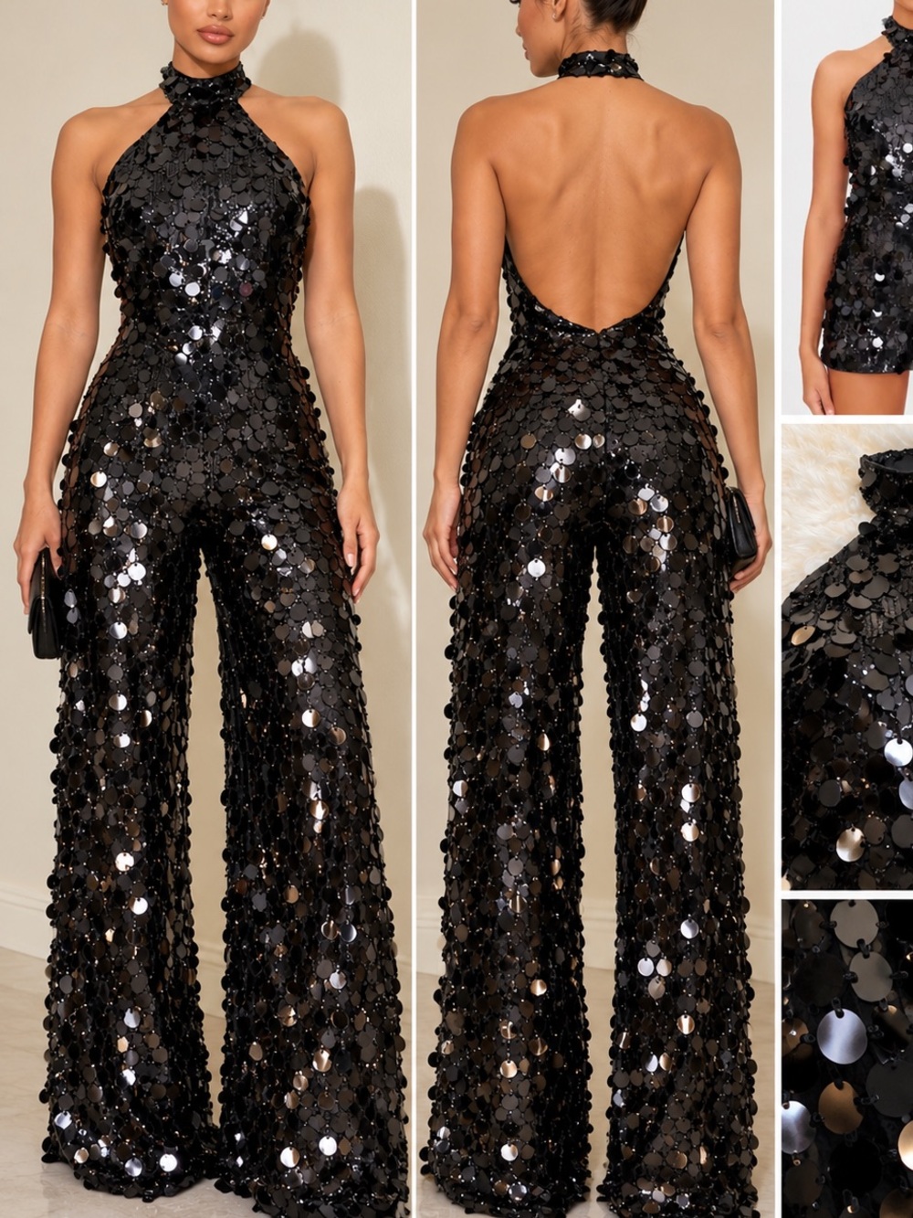 PrettyLittleThing Black Sequin Halter-Back Wide-Leg Jumpsuit